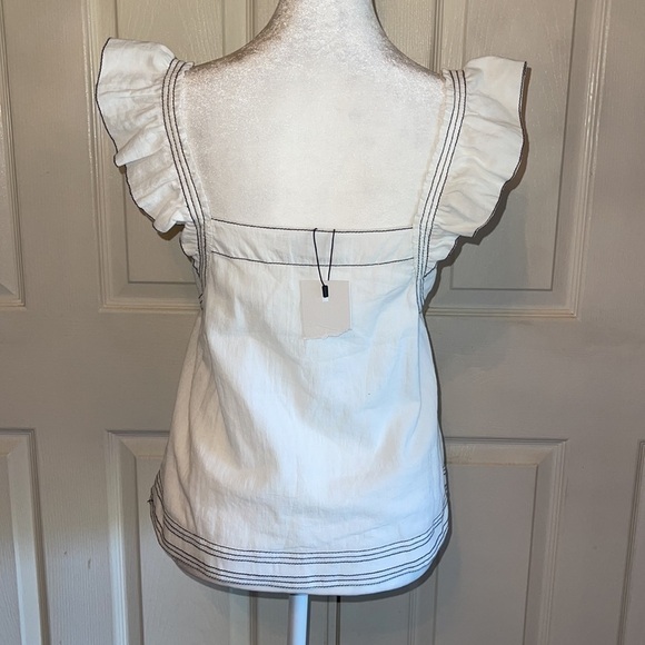 NWT Magali Pascal White With Black Stitching Ruffled Cap Sleeve Top - Picture 2 of 6